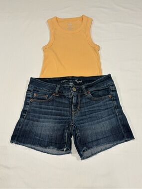 American Eagle Outfitters Dark Blue Denim Jean Shorts with Mustard Tank